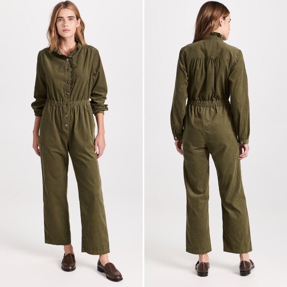 Xirena Harlee Jumpsuit Size Large Green Olive Corduroy‎ Ruffle High Neck Chic